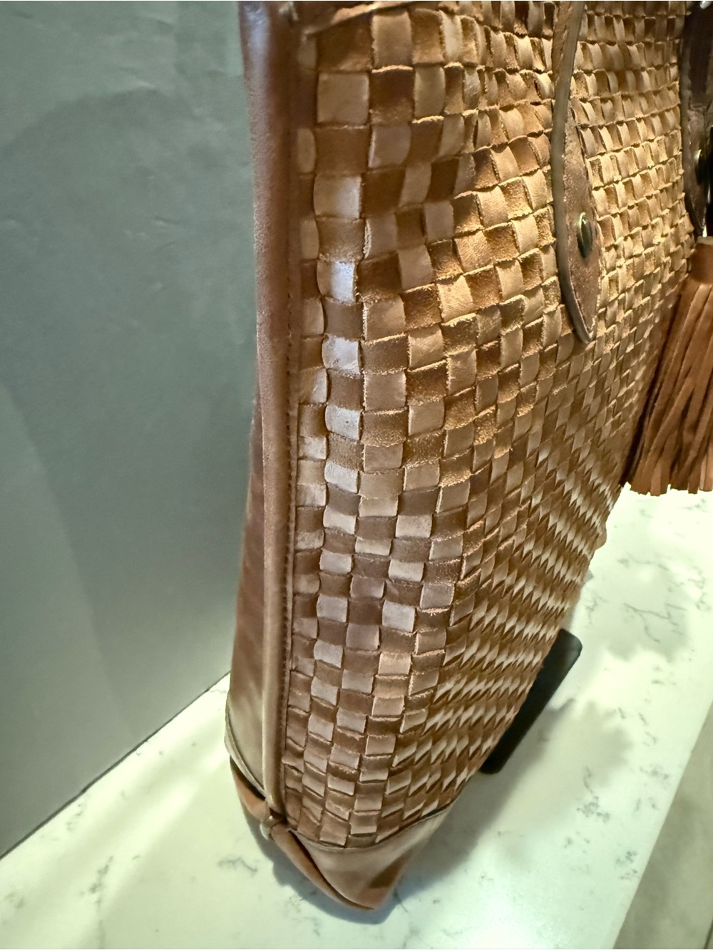 Frye Woven Leather Shoulder Tote in Cognac Brown with Tassel - Picture 2 of 14
